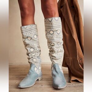 Free People Bren Blue and Cream Embroidered Tall Boots